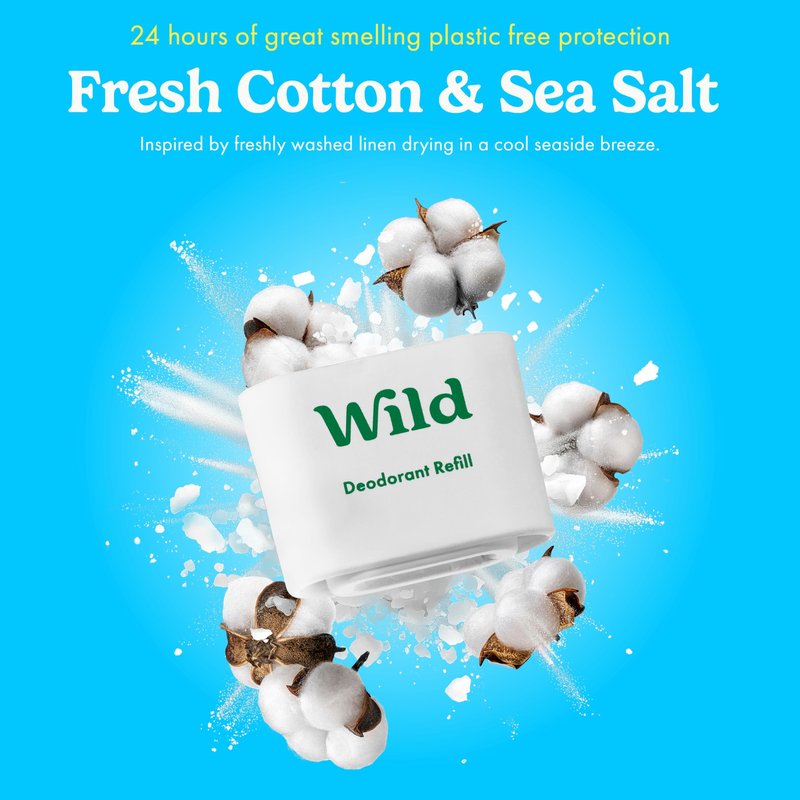 Wild Aluminum Free Natural Deodorant Starter Kit - Refillable Pink Case - Natural Ingredients & 24 Hour Odor Protection - Women's - Fresh Cotton and Sea Salt Scent - Case + 1 Refill