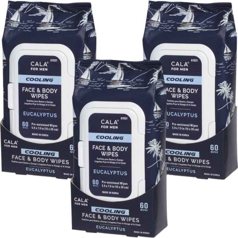 CALA Men's Cooling Face & Body Wipes: Eucalyptus (60 Sheets) - Refreshing, Hydrating Wipes for a Clean, Soothed Complexion, Ideal for Active Men (180 count, Pack of 3)