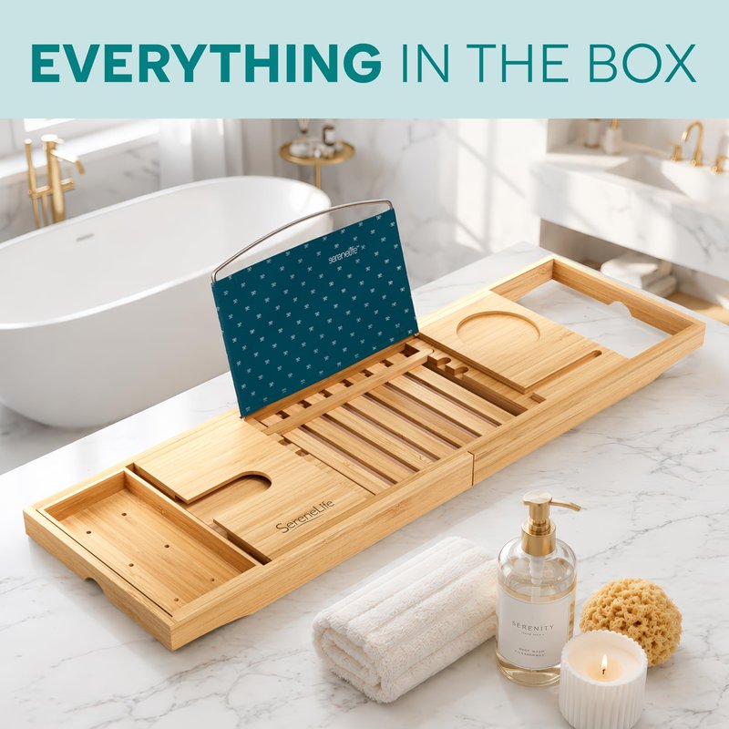 SereneLife Luxury Bamboo Bathtub Caddy Tray - Adjustable Natural Wood Bath Tub Organizer with Wine Holder, Cup Placement, Soap Dish, Book Space & Phone Slot for Spa, Bathroom & Shower - SLBCAD20