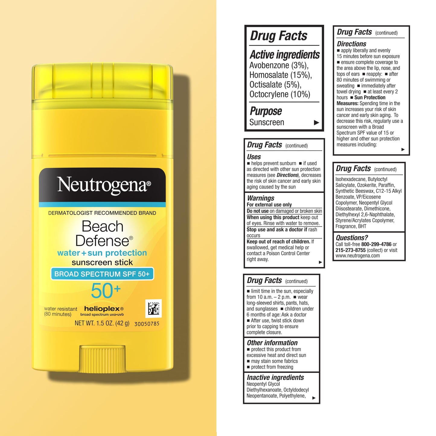 Neutrogena Beach Defense Sunscreen Stick SPF 50 Broad Spectrum UVA UVB Protection Lightweight Water Resistant up to 80 Minutes Oil-Free No-Mess Beach-Strength Sun Protection for Whole Family, 1.5 oz