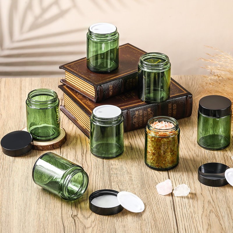 Domensi 24 Pcs Bulk 6oz Glass Jars with Lids Leakproof Round Airtight Empty Cosmetic Jars with Inner Liners Lid for Storing Lotions Spices Ointments Food Storage (Olive Green)