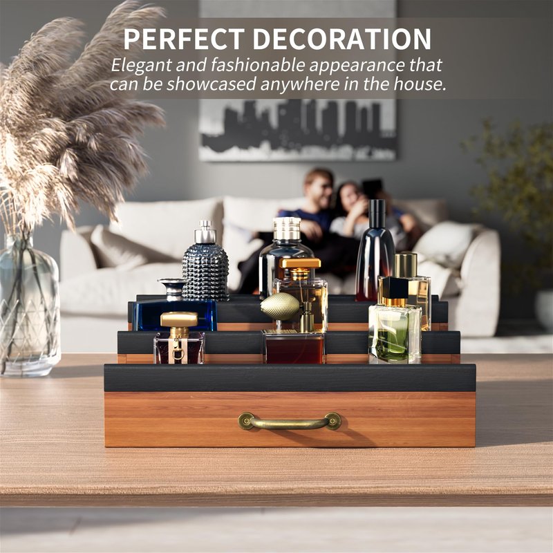 YIKIBOX Cologne Organizer for Men,Wooden Perfume Organizer with Hidden Compartment and Drawer,Cologne Stand and Storage Display Risers for Dresser,Great Gift for Men/Friend(Brown)