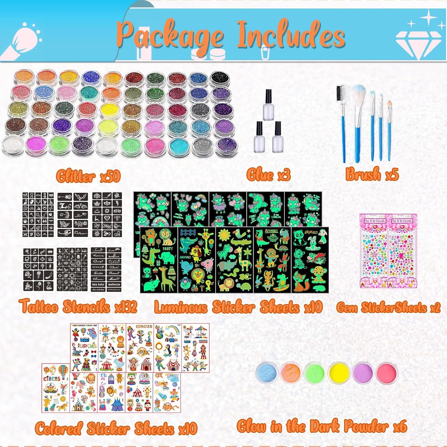 Kids Glitter Tattoo Kit - 50 Colors Glitter Powder, 132 Stencils & Glow-in-the-Dark Stickers | Fun Body & Face Makeup for Parties & Holidays