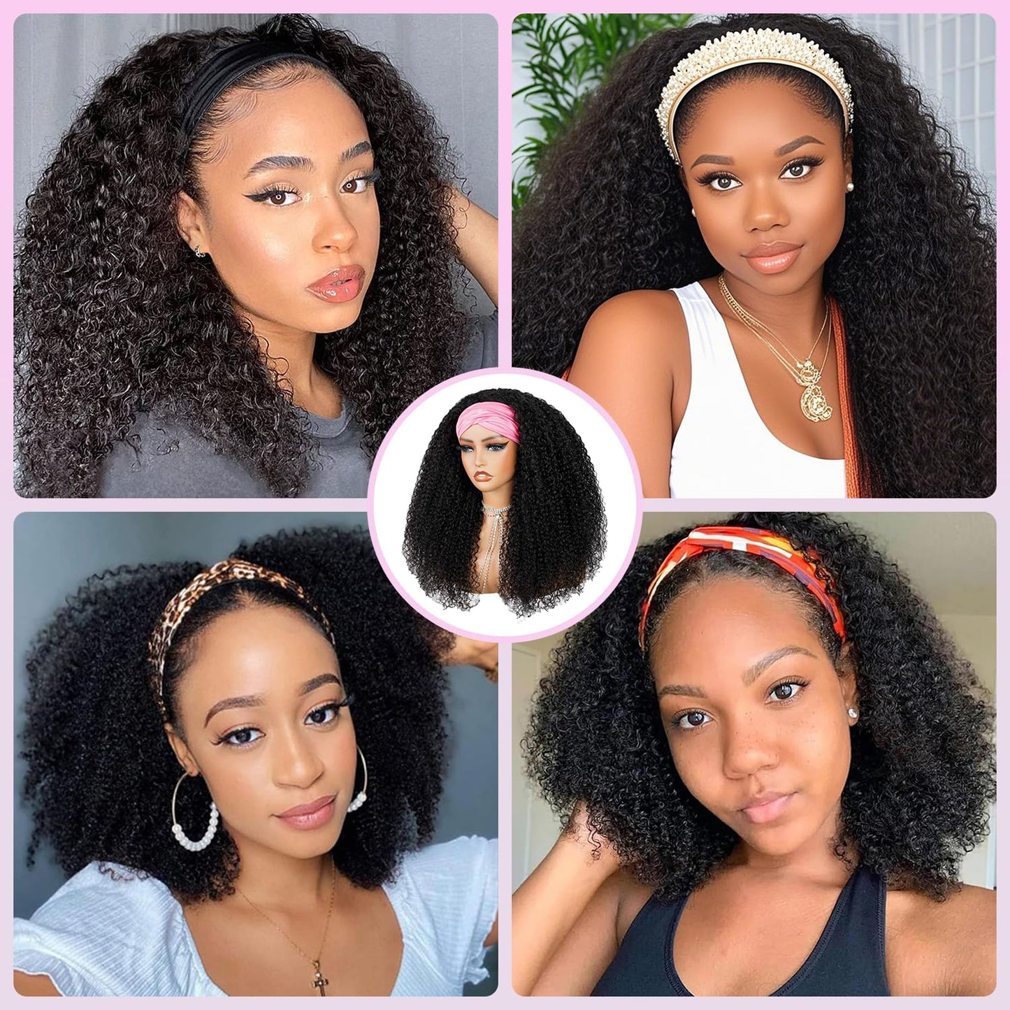 CUUYUN Kinky Curly Headband Wig Human Hair Curly Headband Wigs for Black Women 14 Inch None Lace Front Wigs Machine Made Wigs Glueless Brazilian Curly Human Hair Wig