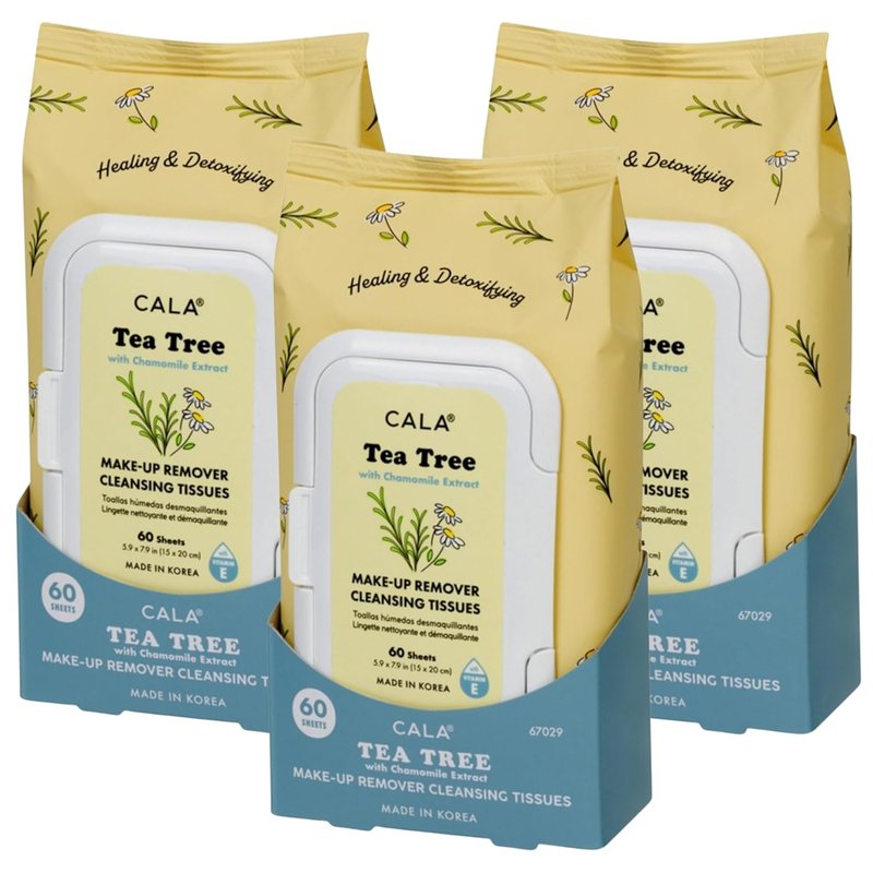 CALA Makeup Remover Cleansing Tissues - Tea Tree, Soothing & Hydrating Wipes | 60 Sheets per Pack