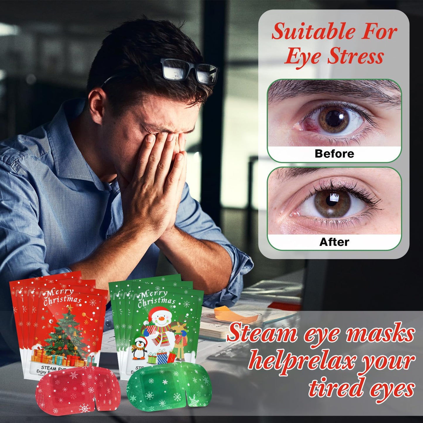 Demissle 36 Pack Christmas Steam Eye Masks Bulk for Dry Eyes Disposable Eyes Masks Cover Self Heating Red and Green Moist Heat Eyemasks Holiday Warm Eye Compress Gift for Women Home Office Travel