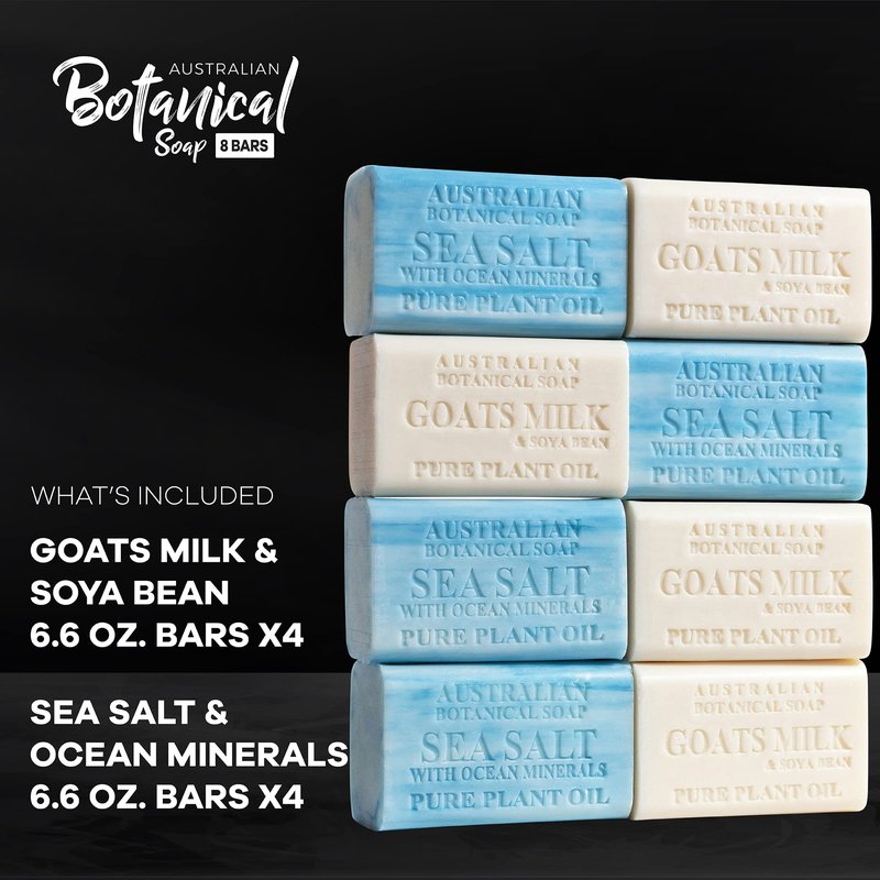 Australian Botanical Soap Men's Body & Beard Bar Duo Pack – Goats Milk & Sea Salt with Ocean Minerals, Triple Milled 6.6 oz Bars, 8 Pack - 4 Bars of Each