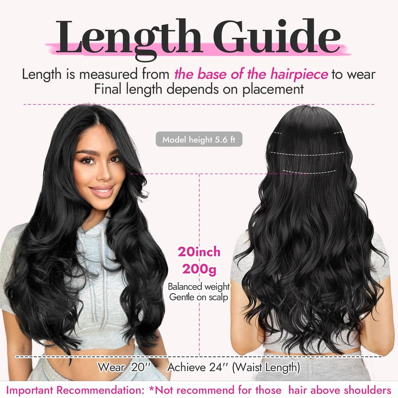 KooKaStyle Clip In Hair Extensions, Natural Long Layered Soft Invisible Synthetic Curly Wavy Hairpieces for Women, 4 pcs (20 Inch, Black)