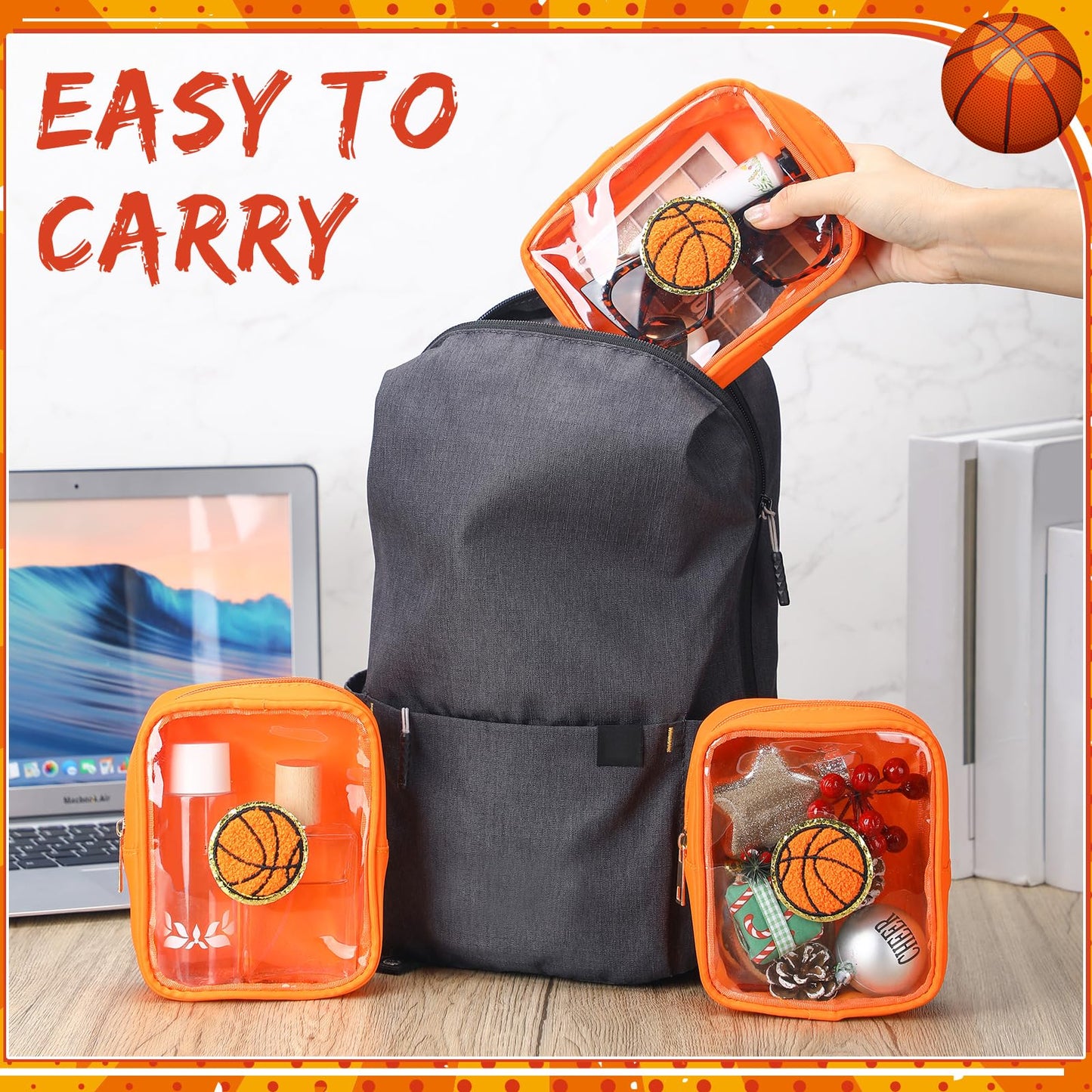 Reginary 12 Pcs Basketball Party Favors Basketball Makeup Bags Bulk with Chenille Patch Valentine Team Gifts Waterproof Travel Size for Women