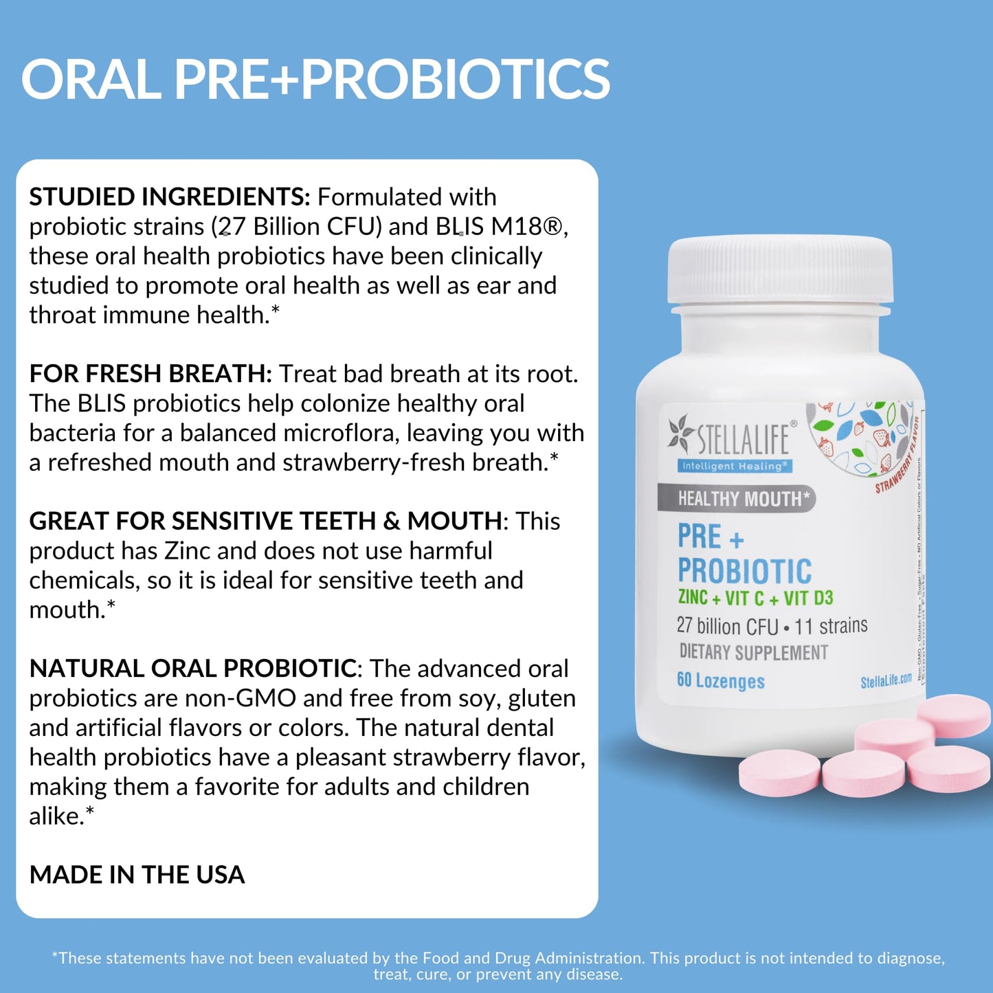 StellaLife Oral Prebiotic & Probiotic Lozenges for Teeth and Gums – 27B CFU, 11 Strains, Dental Probiotic for Bad Breath, Immune Support with VIT C, D3 & Zinc (Strawberry Flavor) 60 Day