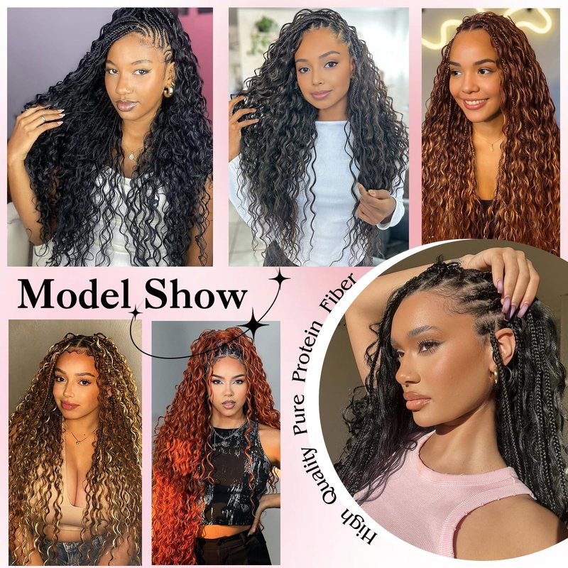 9 Packs Boho Box Braids Crochet Hair 24 Inch Pure Protein Fiber Similar to Human Hair Goddess Box Braids Crochet Hair With Curly Ends Pre Looped Bohemian Braid Hair Extension For Women(24 Inch,350#)