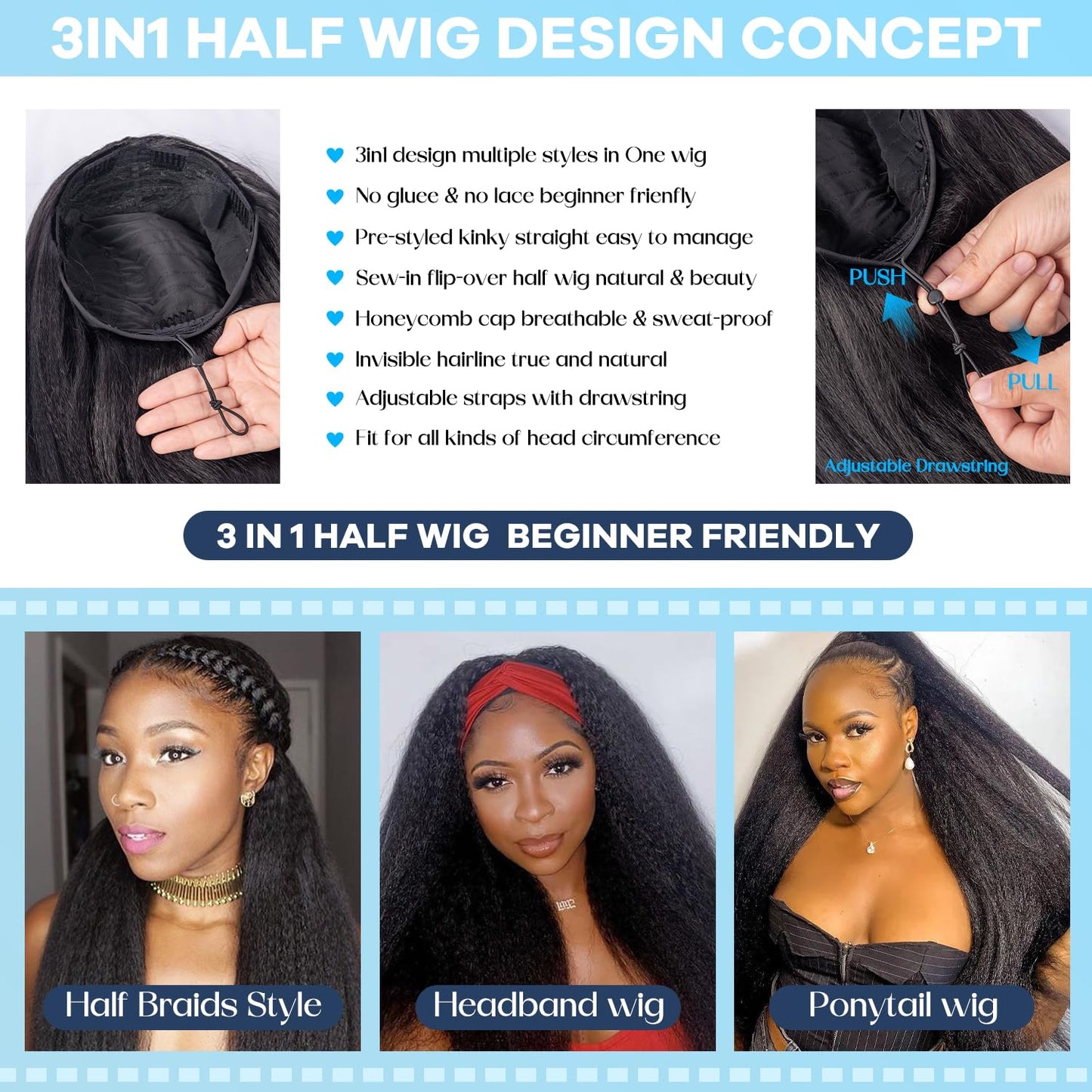 3 in 1 Half Wig Kinky Straight/Kinky curly synthetic for Women 200% Density Glueless Wear No Lace Flip Over Half Wig Seamless Clip In Wigs (20 inch KST)
