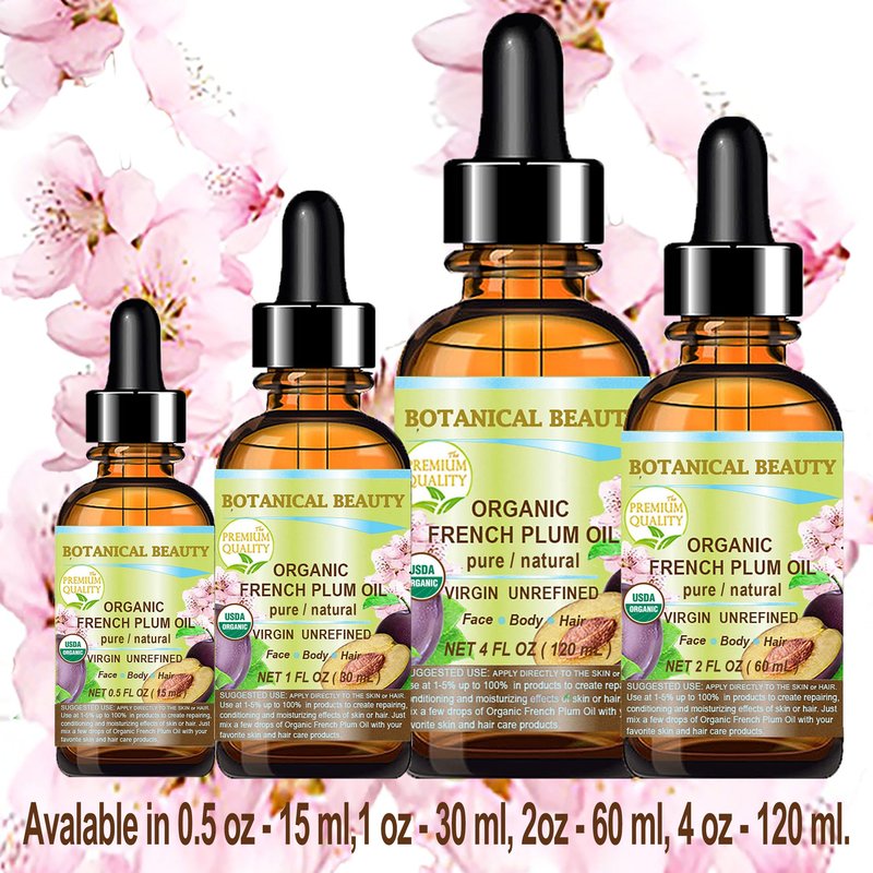 Botanical Beauty Organic French PLUM OIL 100% Pure Natural VIRGIN UNREFINED Cold-Pressed Carrier Oil for Face, Skin, Body, Hair, Lip, Nails. Rich in Vitamin E, Omega 6, Omega 9 (2 Fl Oz)