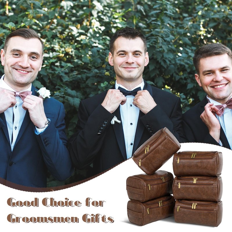 6 Pcs Mens Toiletry Bag Groomsmen Gift, Personalized Leather Toiletry Bags, Dark Brown Leather Travel Bag for Him, Shaving Kit, Groomsmen, Best Man, Wedding Gifts, Husband Boyfriend Father Grandpa