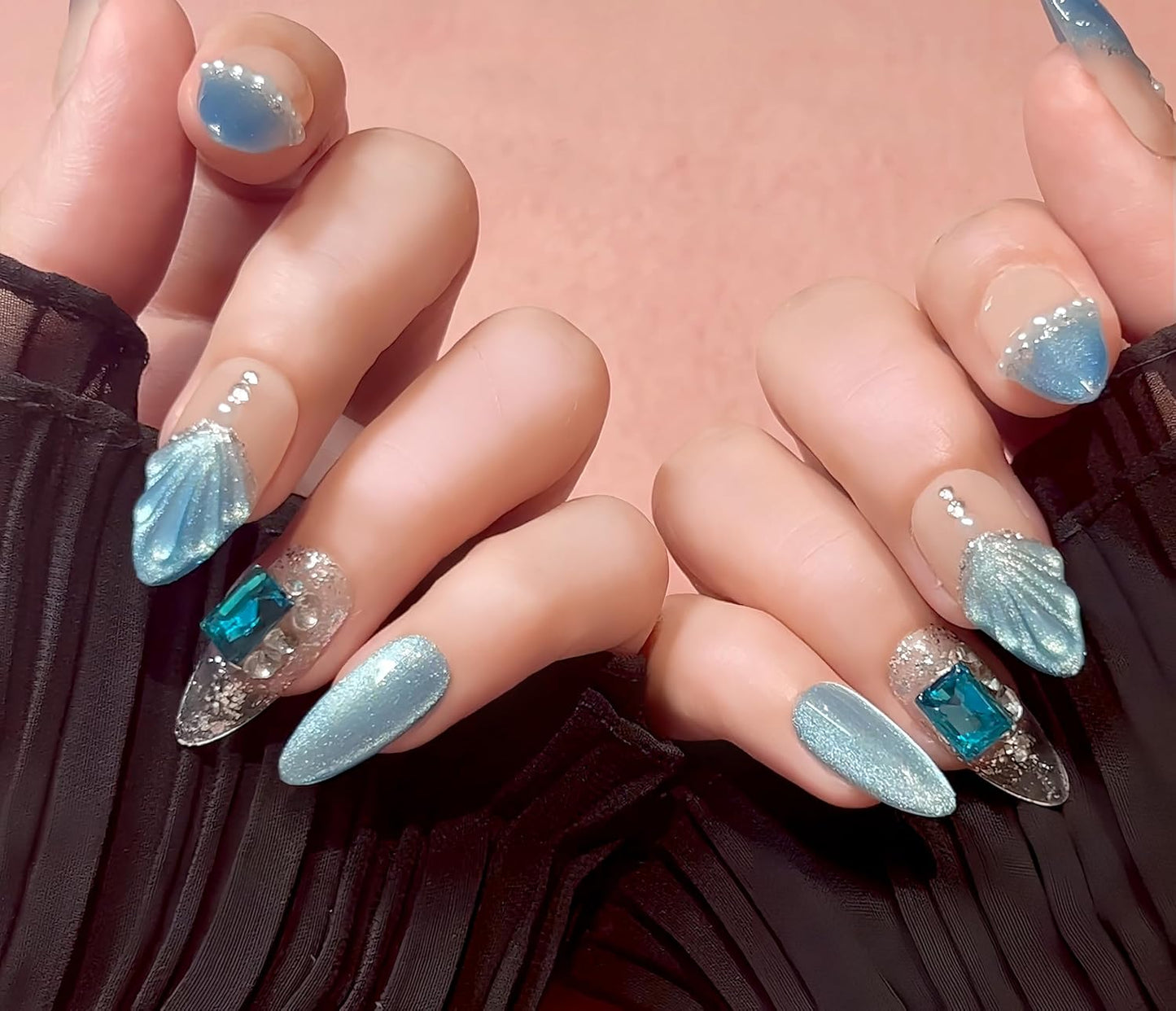3D Sea Shell Press-On Nails - Handmade Medium Almond Beach Nail Art with Butterflies (L Size)
