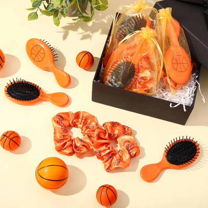 FineCheer 12 Sets Basketball Hair Ties and Hairbrushes Basketball Hair Scrunchie Mini Detangler Brush Sports Elastic Ponytail Holders Sports Party Favors Gift for Teams Women Girls Athlete