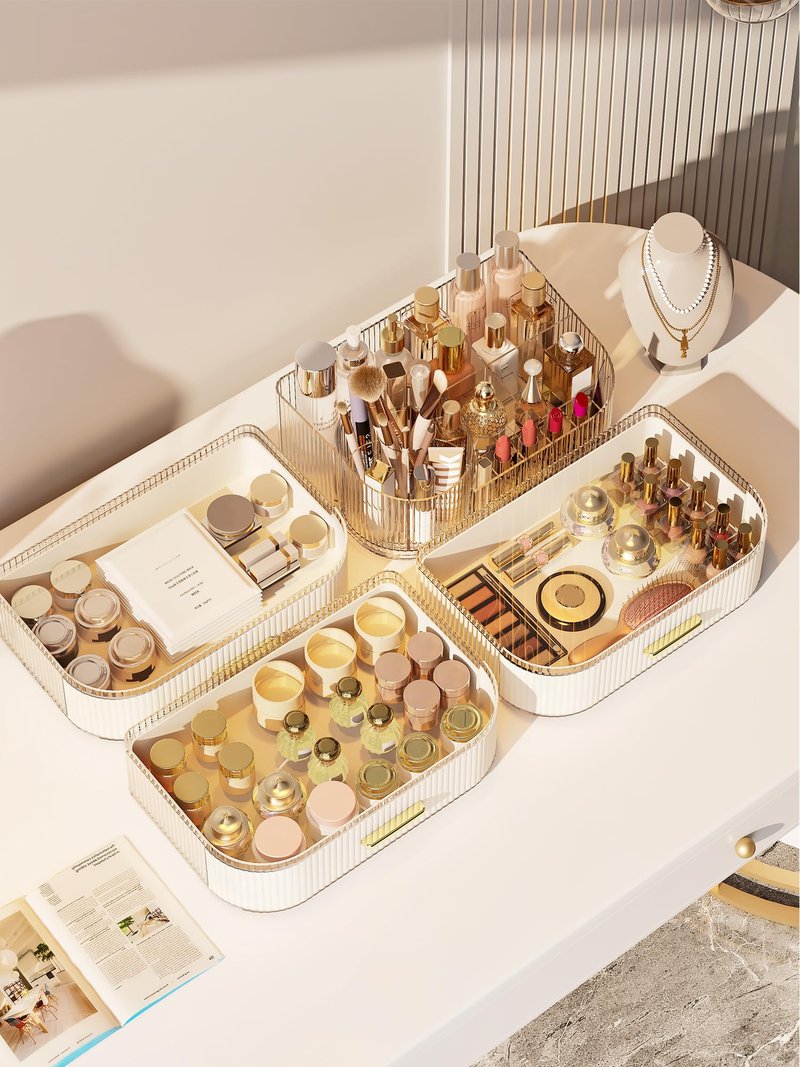 Makeup Organizer with Stackable Drawer, 360 Rotating Makeup Brush Holder, 11-inch Wide Large Cosmetic Display Case, Skincare Organizers and Storage for Vanity, Bathroom Countertop (1 Tray + 2 Drawer)