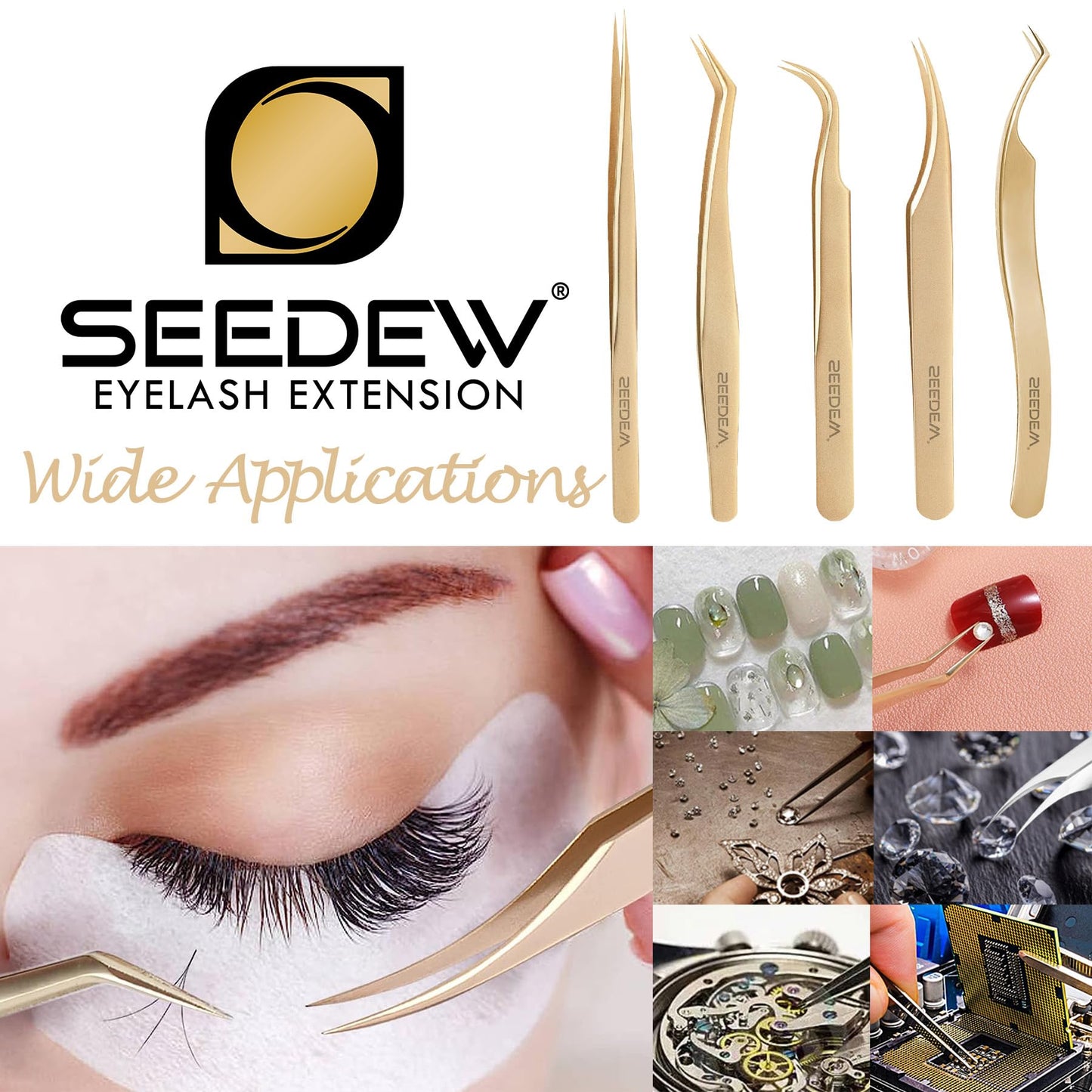 SEEDEW Tweezers Box Set, 5 PCS Isolation Pointy Precision Professional Stainless Tweezers with a PU Storage Case, Organizer Kit for Eyelash Extension, Beginner Lash Tech, Crafts Repair(White, Golden)