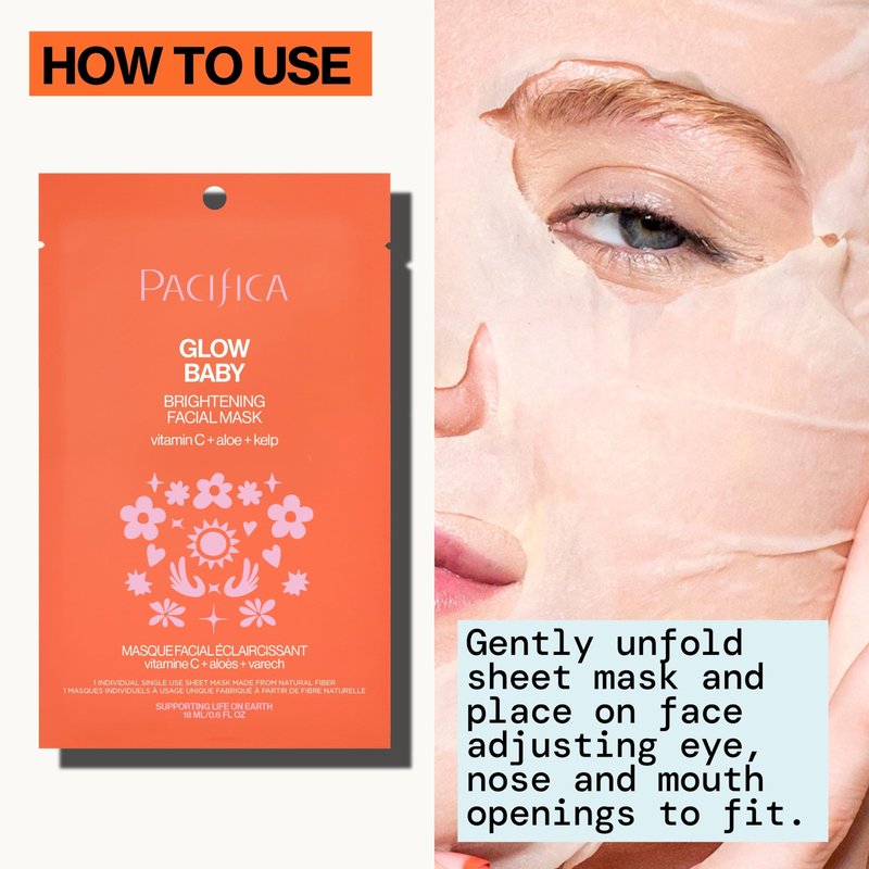 Pacifica Sheet Face Mask - 12 Pack - Glow Baby Brightening Facial Mask w/Vitamin C, Aloe & Kelp – Cooling Mask for Dark Spots & Fine Lines - Clean Beauty Vegan & Cruelty-Free Dermatologist Tested
