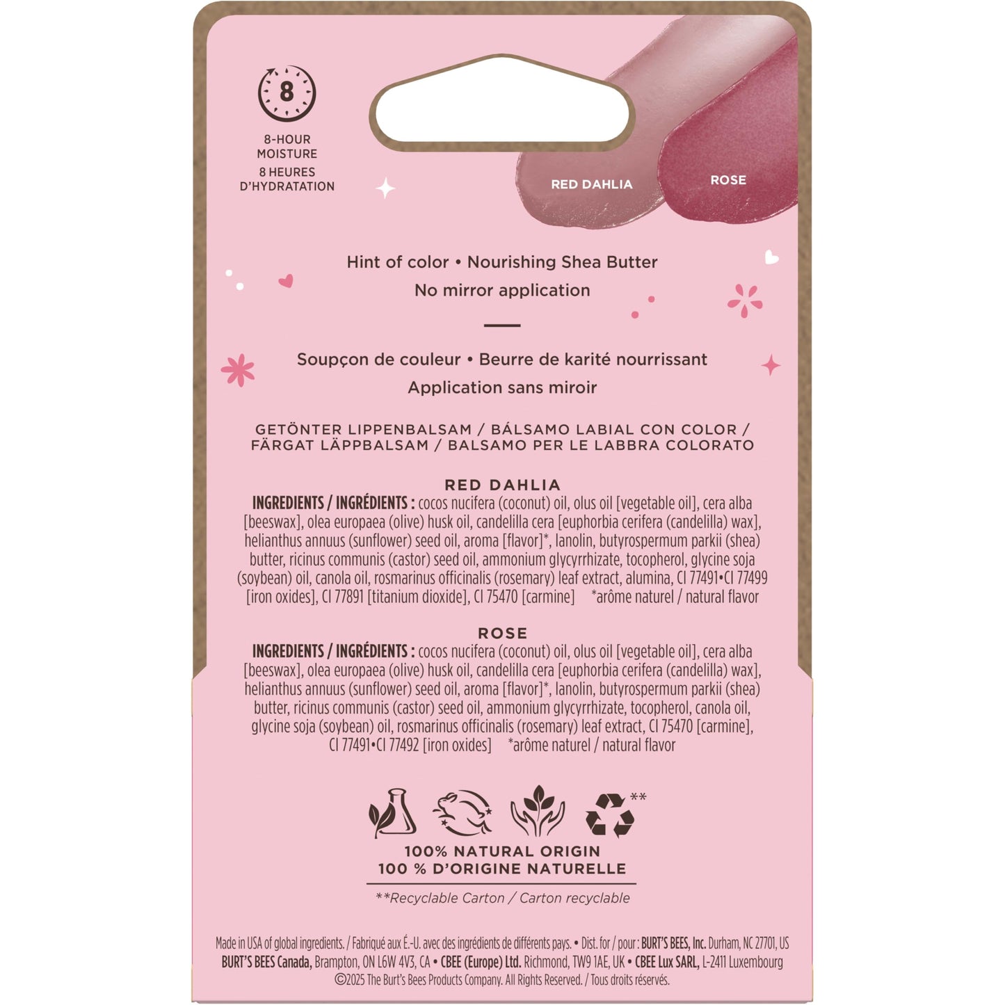 Burt's Bees Lip Tint Balm, Mothers Day Gifts with Long Lasting 2 in 1 Duo Tinted Balm Formula, Color Infused with Hydrating Shea Butter, Red Dahlia + Rose (2-Pack)