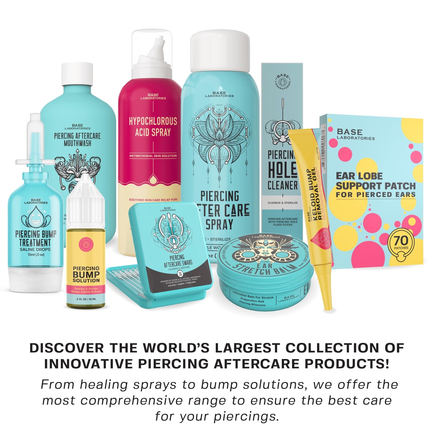 BASE LABORATORIES Ultimate Healing Piercing Aftercare Kit | Piercing Aftercare Spray + Keloid Piercing Bump Treatment Oil + Piercing Cleaner Swabs | Keloid Bump Removal - Saline Solution for Piercings