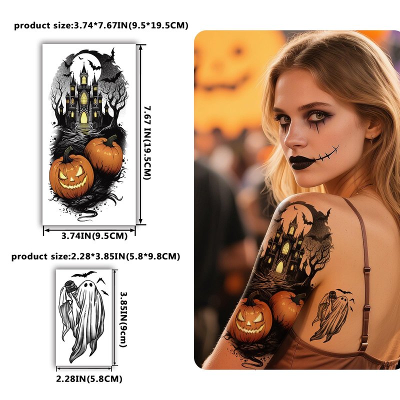 77 PCS Halloween Temporary Tattoos Adult Kids, 17 PCS Half Sleeve Pumpkin Bat Crow Witch Skull Fake Tattoos, 60 PCS Spider Cat Ghost Scar Tiny Realistic Face Body Tattoos Stickers