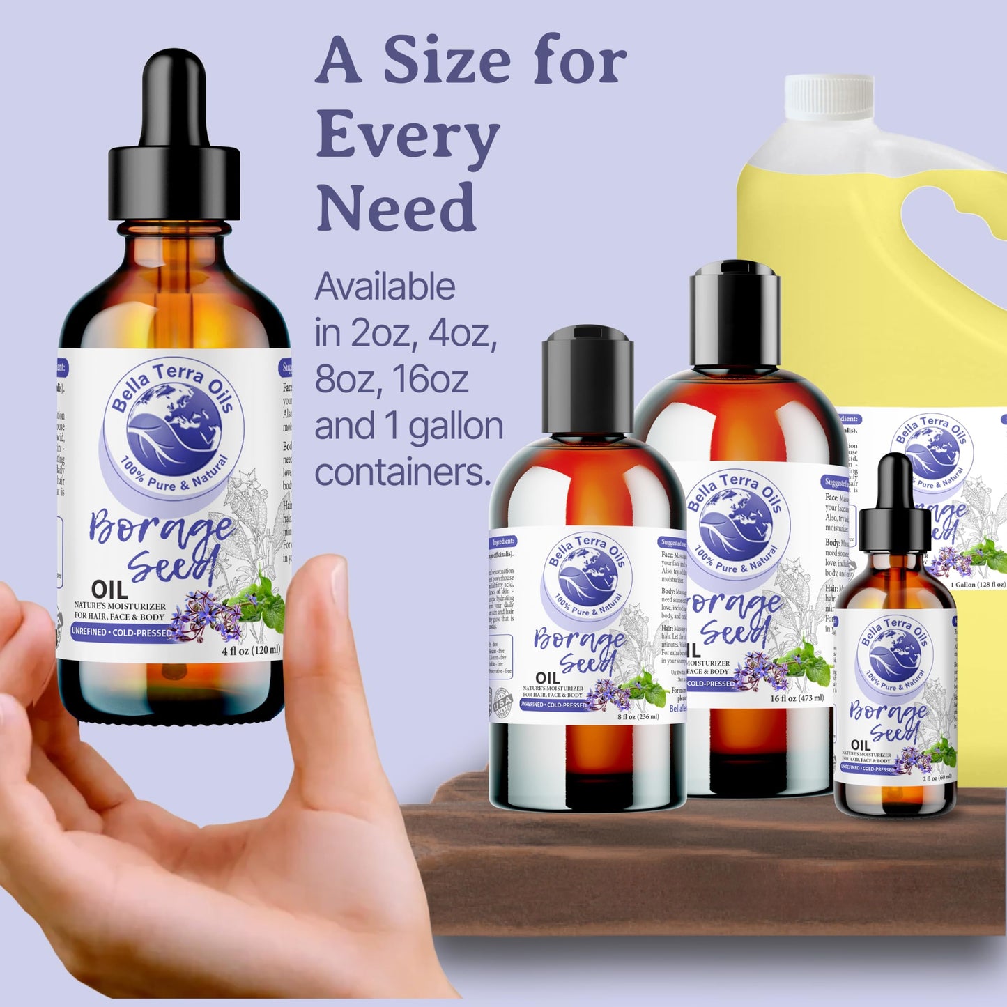 Bella Terra Oils - Natural Borage Seed Oil 8 oz - Cold-Pressed from Natural Borage Seeds, Overflowing with Vitamin E & Omega Fatty Acids, An Elixir of Youth & Beauty