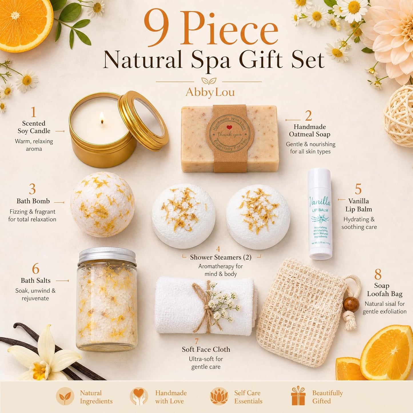Natural Spa Gift Set for Her - Handmade Citrus & Vanilla Self-Care Package | Bath & Body Products