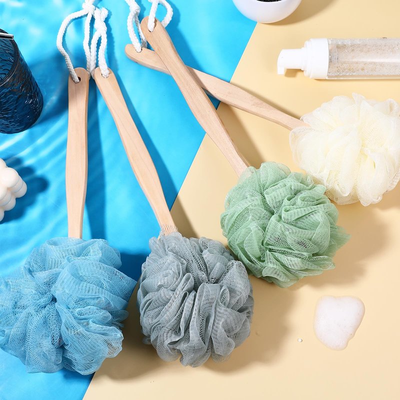 10 Pcs Large Bath Puff Loofah Sponge with Long Handle, Loofah with Handle for Men Women, Back Scrubber for Shower, Exfoliating Body Brush Set - 4 Colors