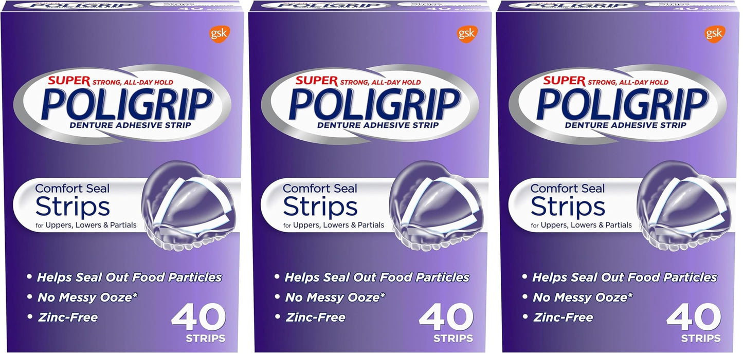 Super Poligrip Strips Size Poligrip Strong All Day Comfort Seal Denture Adhesive Strips,40 Ct (Pack of 3)