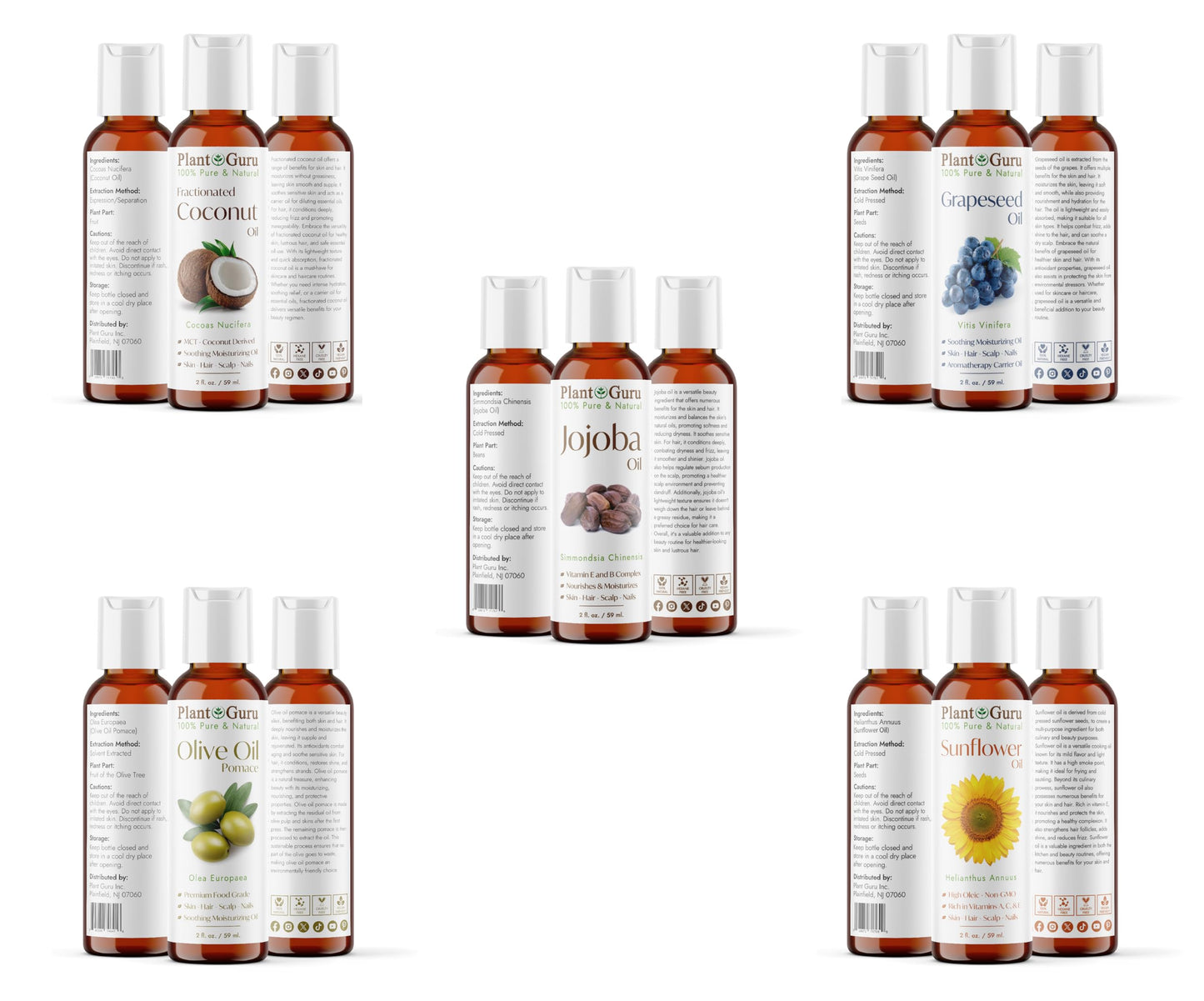 Top 10 Carrier Oil Variety Set 2 oz - Cold Pressed 100% Pure Natural, Sweet Almond, Apricot Kernel, Argan, Avocado, Castor, Fractionated Coconut, Grapeseed, Jojoba, Olive and Sunflower.