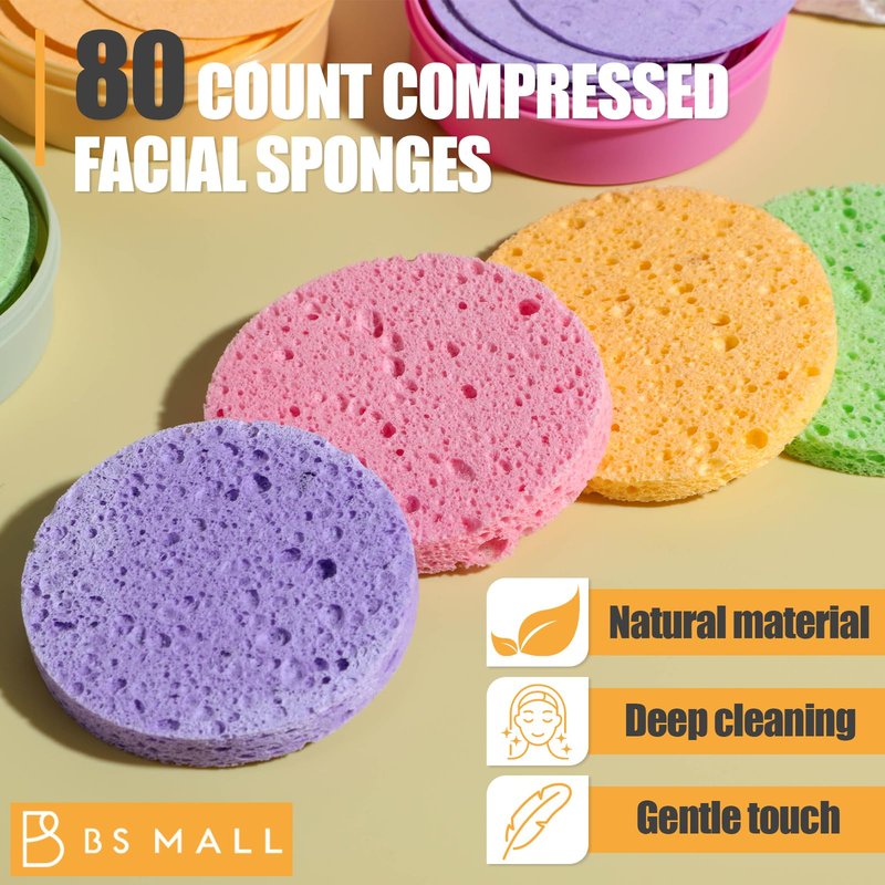 Compressed Facial Sponges BS-MALL 80 Count,Reusable Face Cleansing Pads,Gentle Exfoliating Sponges for Makeup Removal, Deep Cleansing, Dead Skin Removal,Travel-Friendly Spa Skincare Sponges