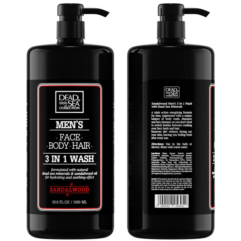 Dead Sea Collection Sandalwood Men’s Body Wash – 3 in 1 Body Wash for Men for Hair, Face & Body – Moisturizing Shower Gel with Dead Sea Minerals – Pack of 2 (33.8 fl oz each)