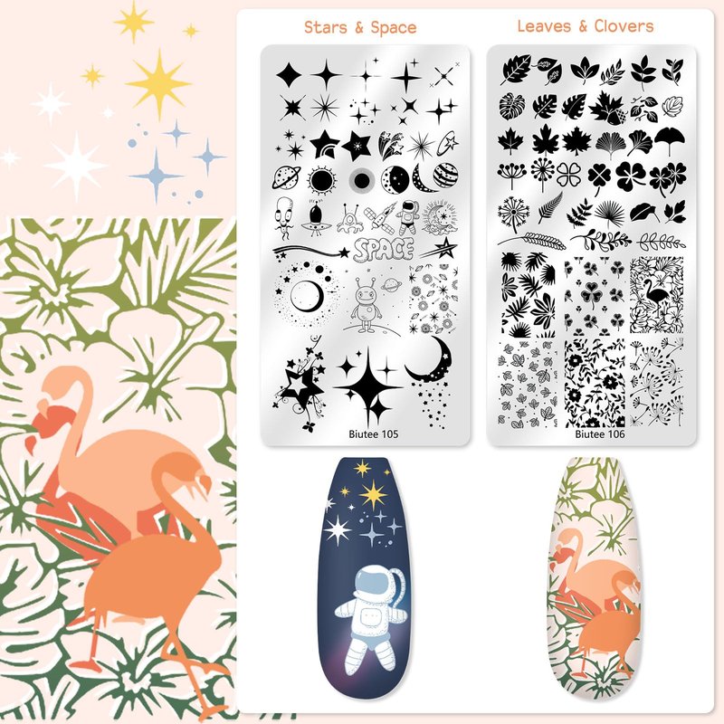 Biutee Nail Stamper Kit 12Pcs Nail Art Stamping Plate 8 Colors Stamp Polish Gel with Top Coat and Base Coat Set Silicone Stamper Scraper, Nail Stamp Plates Love Flower Butterfly Leaf Holiday Design