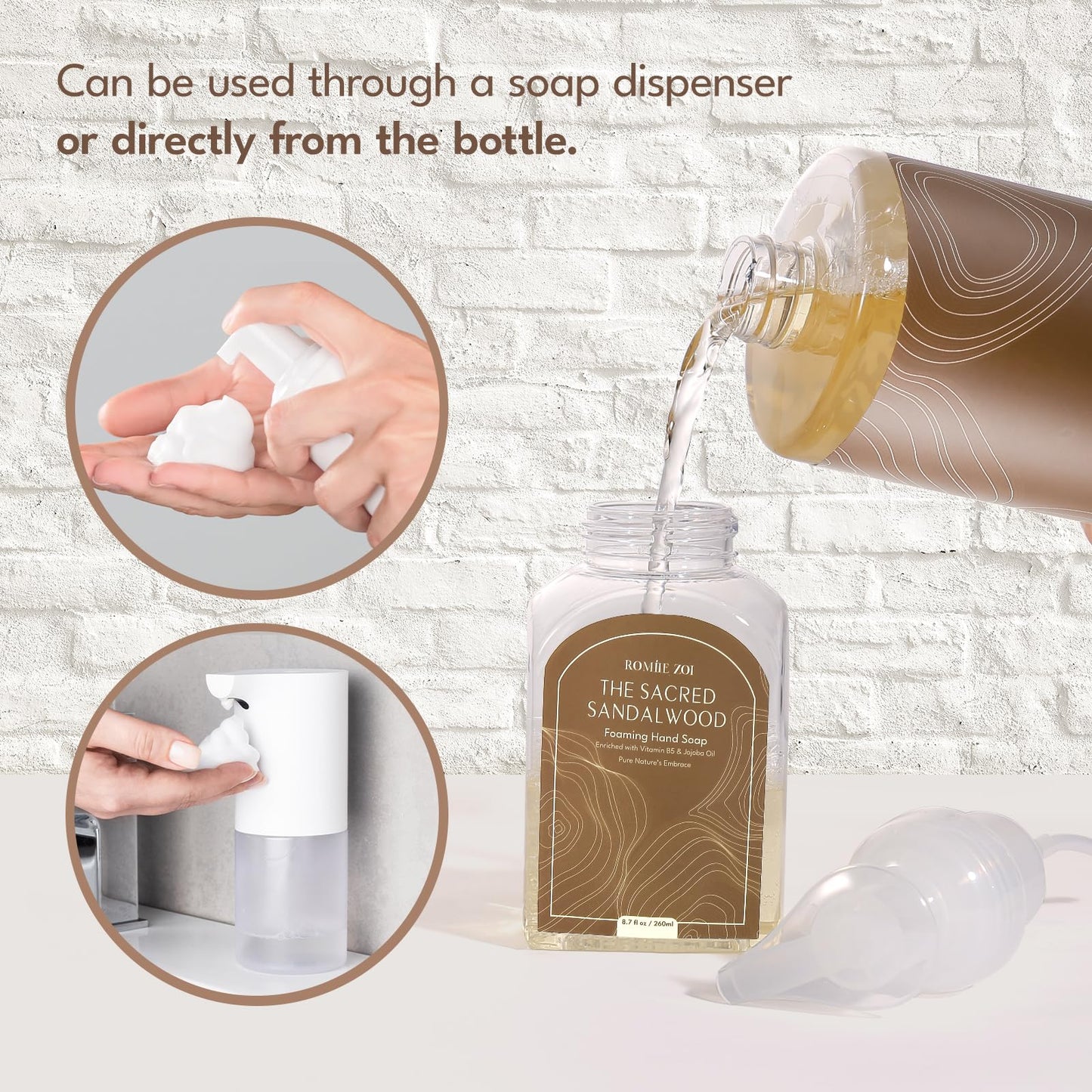 ROMIIE ZOI Foaming Hand Soap Refill Gift Set-3 Pack with Dispenser, Cruelty-Free and Biodegradable Formula, Moisturizing with Essential Oil for Sensitive Skin,Sandalwood Scent,(33.8 Fl Oz x 3)