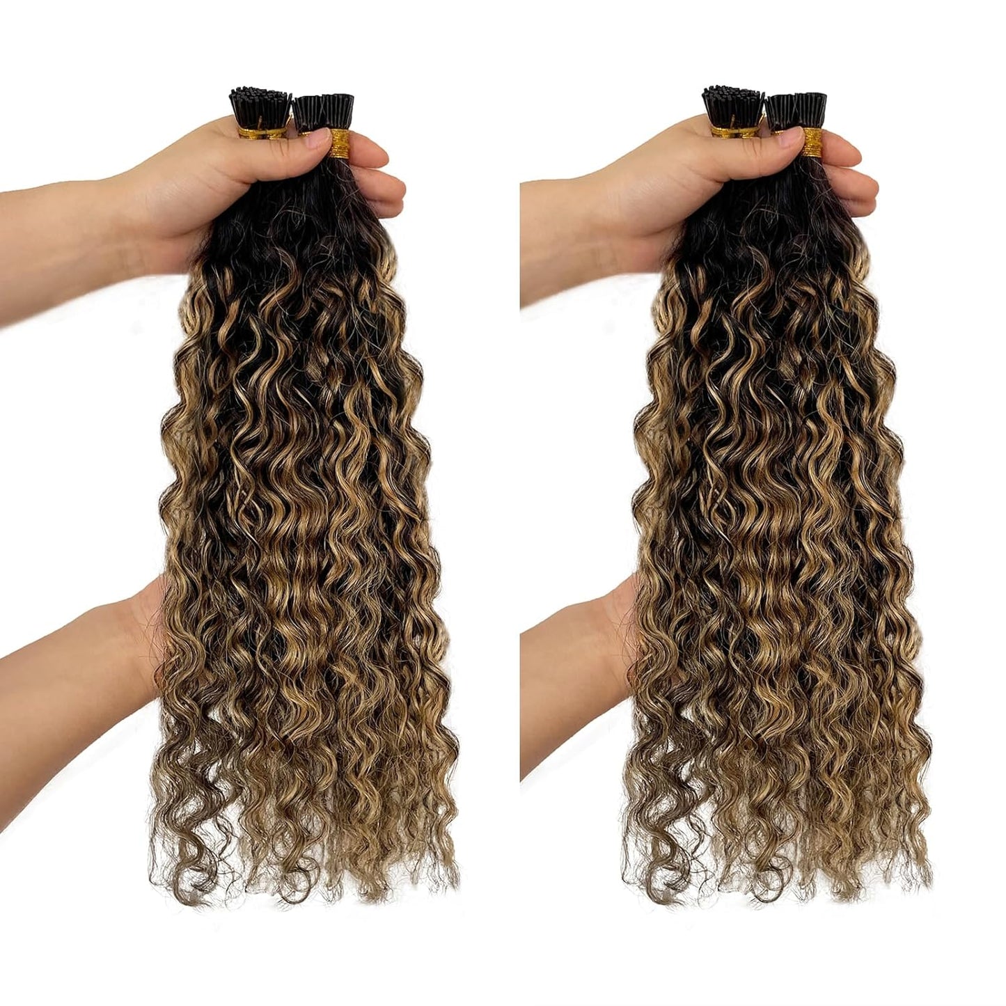 I Tip Hair Extensions Human Hair, Ombre Itip Human Hair Extension 100s Water Wave Natural Black Ombre Caramel Brown I Tip Hair Extensions Real Human Hair for Short Hair 50g 16"