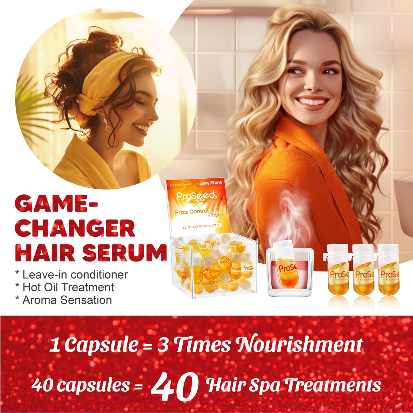 Proseed Hair Vitamins, 3-in-1 Solution: Hot Oil Treatment & Leave-in Serum &Perfumed Care for Frizzy, Dry, Damaged Hair, with Moroccan, Avocado, Coconut Oil, Vitamin C, E, B5 & Biotin (40 Caps)