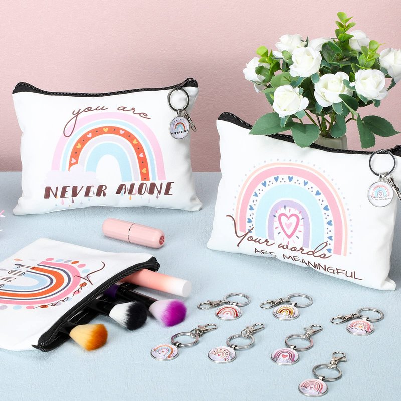 Pinkunn Mothers Day Rainbow Canvas Cosmetic Bag Gifts in Bulk for Women with Inspirational Quote Keychains Set 16 Pcs Cosmetic Bags 16 Pcs Keychains You are Amazing Beautiful Kind Travel Pouch Zipper