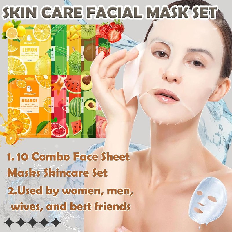 10 Combo Face Sheet Masks - Hydrating Skincare Set for Women & Men | Moisturizing Facial Mask Gift Kit