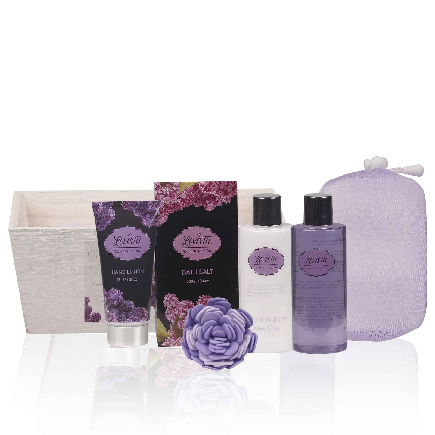 Spa Gift Basket with Lavender Fragrance and Lilac Color - Bath and Body Set Includes Shower Gel, Body Lotion, Hand Lotion, Bath Salt, Flower Sponge and EVA Sponge