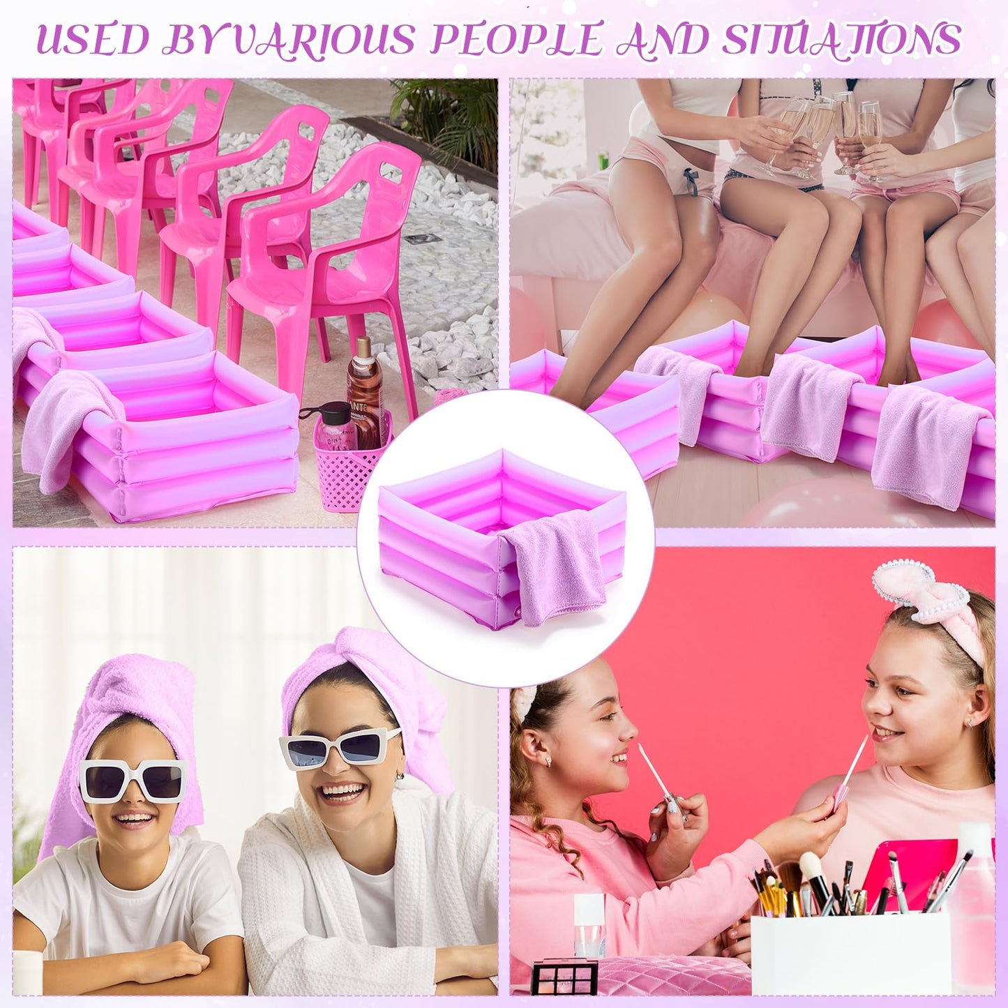 FillTouch 12 Pcs Foot Spa Kit for Girls Kids 12.5''x12.5''x8.3'' Foot Care Bath and 12''x28'' Hand Towels Washbasin Salon Towels Portable for Sleepover Spa Swim Birthday Party Supplies(Light Purple)
