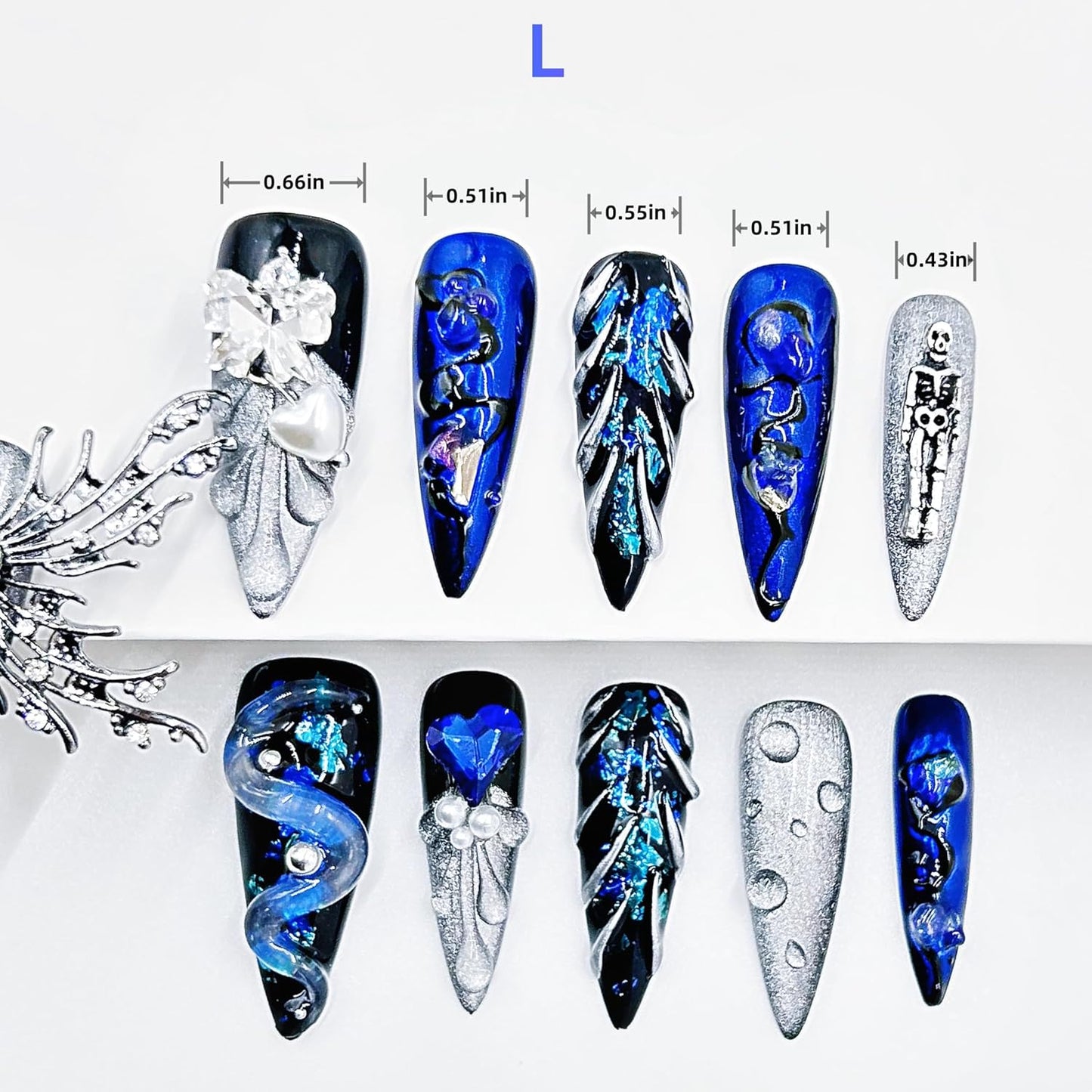Luxury Handmade Almond Press-On Nails - Reusable Halloween Goth Style, 11pcs Blue Butterfly