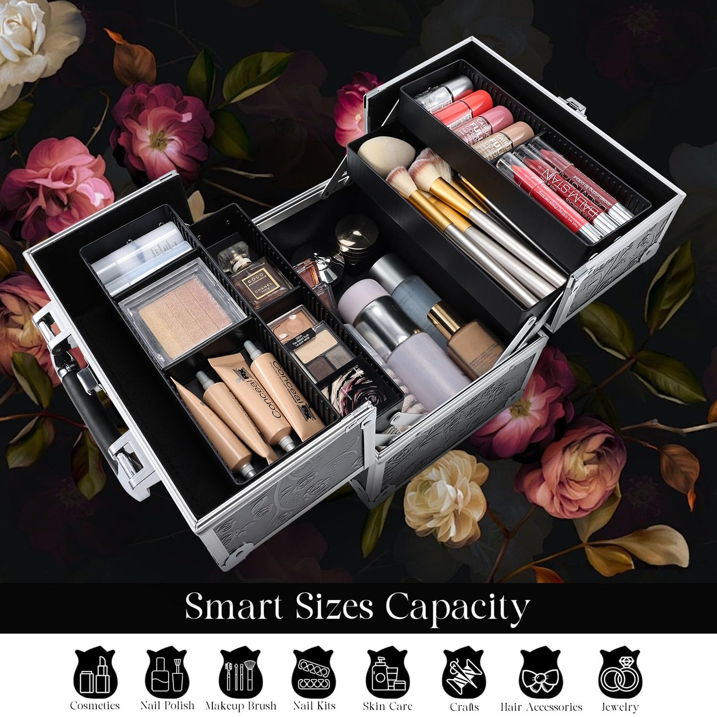 FRENESSA Makeup Train Case Cosmetic Box Portable Makeup Case Organizer 4 Trays Travel Case Storage with Dividers Lockable for Make up Artist Crafter Nail Kits Tools Black Floral
