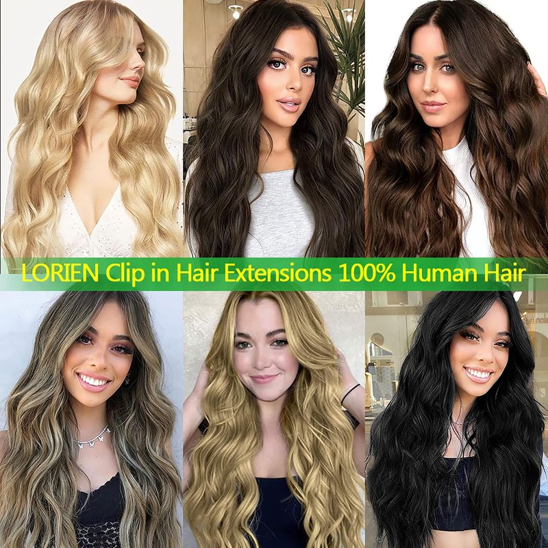 LORIEN Clip-In Hair Extensions - 100% Brazilian Remy Human Hair, 16 Inch, Jet Black, 8pcs Set with 18 Clips