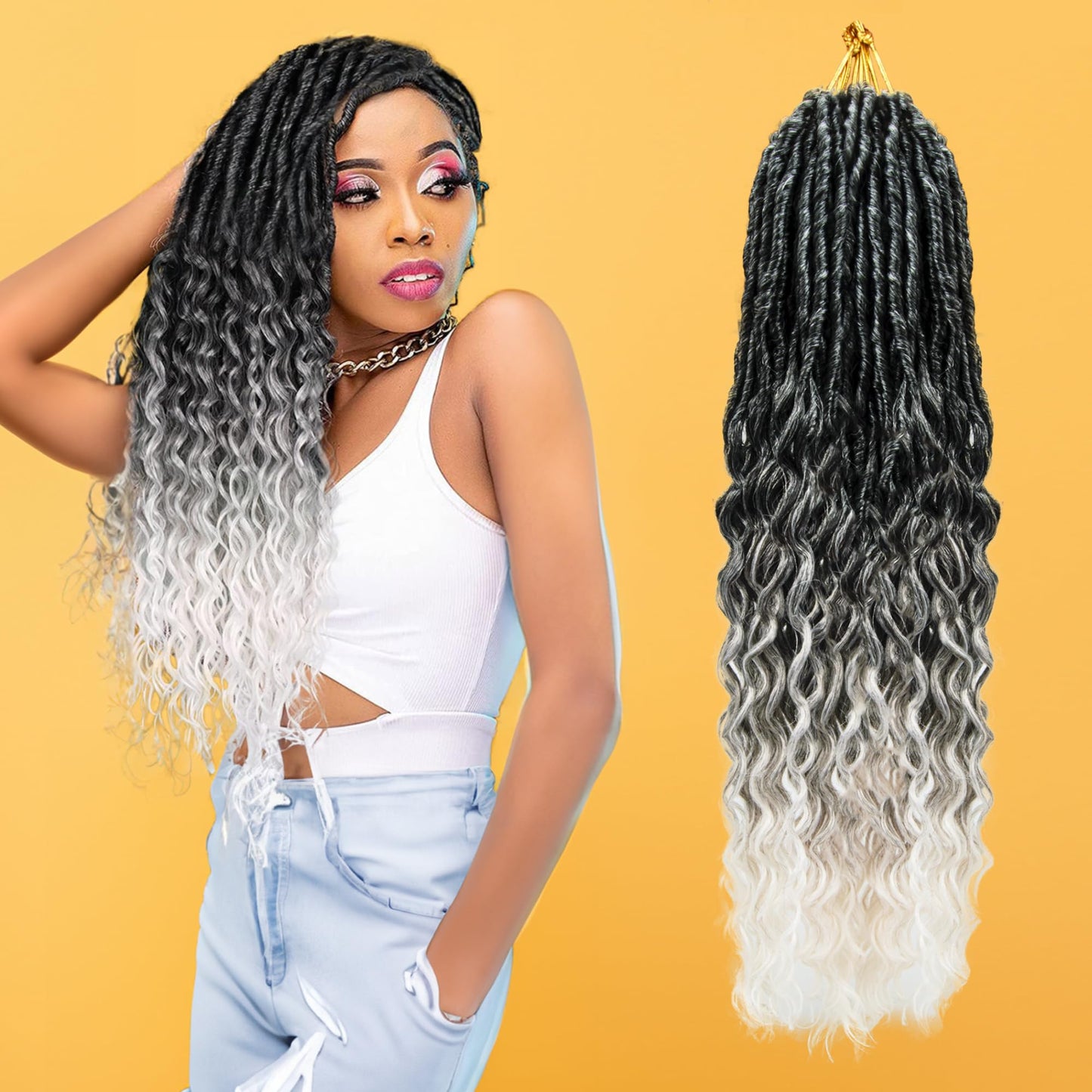 Faux Locs Crochet Hair for Black Women- 24 Inches 8 Packs Pre Looped Ombre Grey to White Synthetic Hair Extensions, Soft Goddess Locs Braids with Long Deep Wave Curly Ends(112 Strands,Tgrey/613)