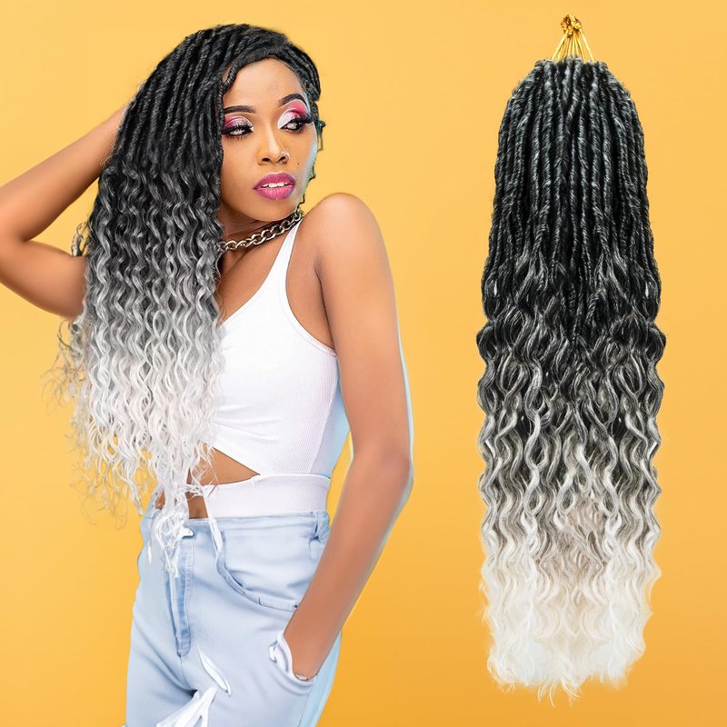 Faux Locs Crochet Hair for Black Women- 24 Inches 8 Packs Pre Looped Ombre Grey to White Synthetic Hair Extensions, Soft Goddess Locs Braids with Long Deep Wave Curly Ends(112 Strands,Tgrey/613)