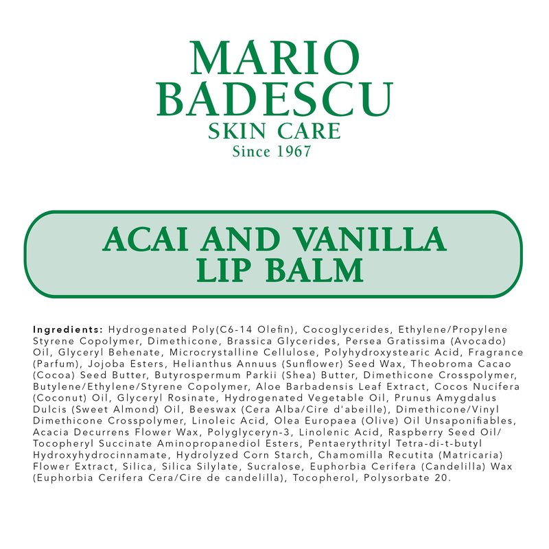 Mario Badescu Moisturizing Acai and Vanilla Lip Balm for Dry Cracked Lips, Infused with Coconut Oil and Shea Butter, Ultra-Nourishing Lip Care Moisturizer for Soft, Smooth and Supple Lips, 0.35 Oz