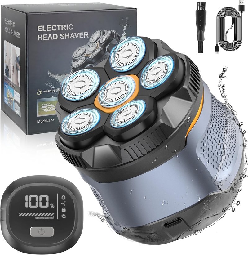 6D Electric Head Shaver for Men - Waterproof Rechargeable Razor with LED Display | Cordless Grooming Kit