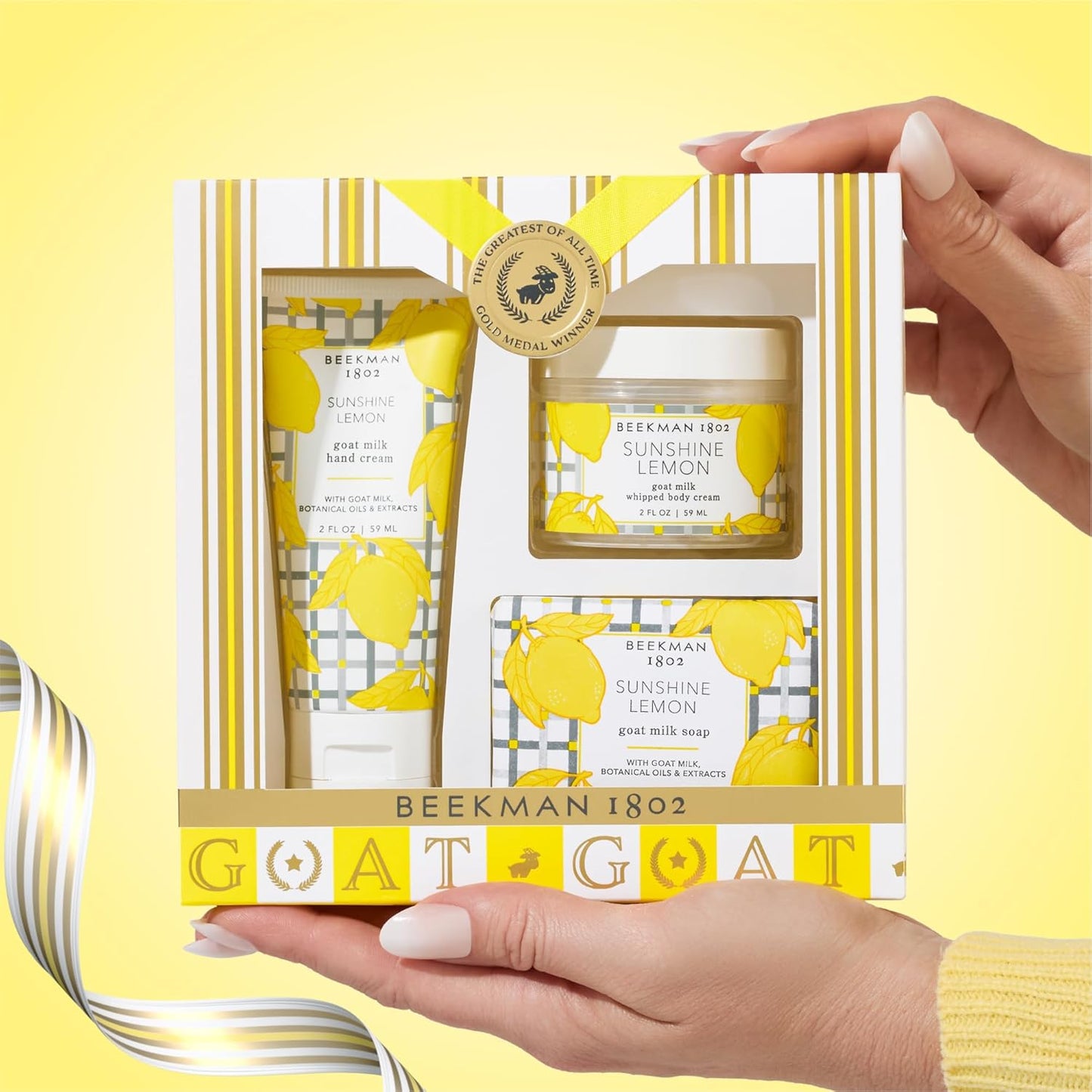 Beekman 1802 Sunshine Lemon Body Care Set | Goat Milk Skincare Gift with Bar Soap, Whipped Cream & Hand Cream - Travel Size