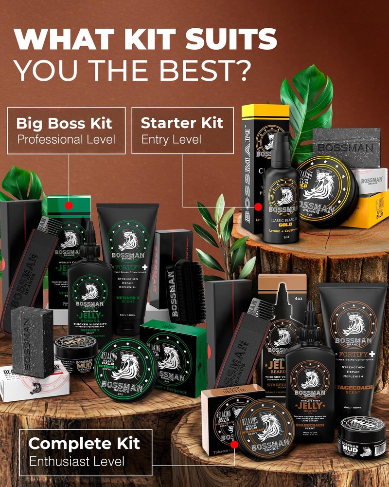 Bossman Essentials Beard Kit for Men, Set of 3 - Beard Oil Jelly, Fortifying Conditioner Cream, Beard Balm - Grooming Growth Care Accessories - Gift Set for Men (Magic)